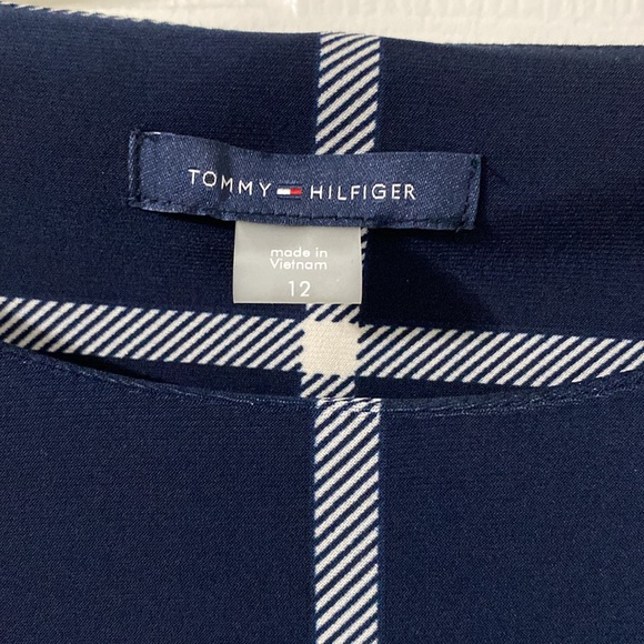 NWT Tommy Hilfiger long sleeve stretchy a line navy dress w/ cream grid pattern - Picture 3 of 7
